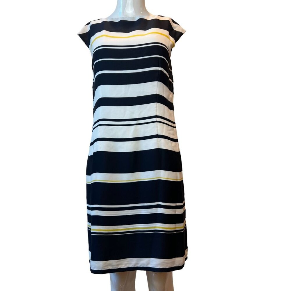 Ann Taylor Loft Shift Dress Striped Cap Sleeve Navy Blue White Yellow Size 6